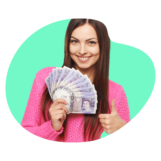 Smiling woman holding a fan of cash and giving a thumbs up.